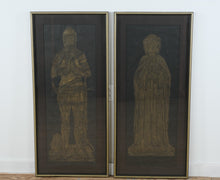 Load image into Gallery viewer, Mid Century Gothic Knight and Lady Wall Art Pair Brass Etched Panels Framed 21x46