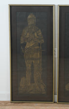 Load image into Gallery viewer, Mid Century Gothic Knight and Lady Wall Art Pair Brass Etched Panels Framed 21x46