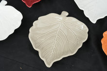 Load image into Gallery viewer, Set of 7 Ceramic Leaf Shaped Appetizer Plates Fall Colors Red White Green Orange 9"