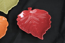 Load image into Gallery viewer, Set of 7 Ceramic Leaf Shaped Appetizer Plates Fall Colors Red White Green Orange 9"