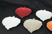 Load image into Gallery viewer, Set of 7 Ceramic Leaf Shaped Appetizer Plates Fall Colors Red White Green Orange 9"