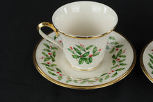 Load image into Gallery viewer, Lenox Holiday Cup and Saucer Set 2 Holly Berry Gold Trim USA