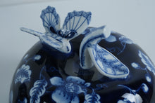 Load image into Gallery viewer, Bombay Blue & White Porcelain Apple Jar with Butterfly Lid – 12" Tall • Decorative Lidded Container