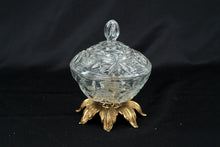 Load image into Gallery viewer, Vintage Cut Glass Covered Candy Dish Brass Floral Base Pedestal Bowl