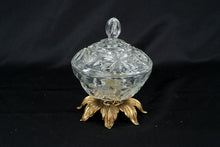 Load image into Gallery viewer, Vintage Cut Glass Covered Candy Dish Brass Floral Base Pedestal Bowl