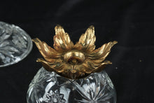 Load image into Gallery viewer, Vintage Cut Glass Covered Candy Dish Brass Floral Base Pedestal Bowl