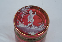 Load image into Gallery viewer, Antique Cranberry Glass Hinged Trinket Box Hand Enameled Scenic Lid