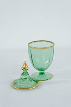 Load image into Gallery viewer, Green Glass Apothecary Jar Urn Gold Trim Pedestal Candy Dish With Lid