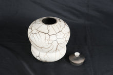Load image into Gallery viewer, Signed Raku Pottery Lidded Vessel Crackle Fired Ceramic Jar Handcrafted 8.5 Inch