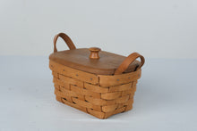 Load image into Gallery viewer, Longaberger 1991 Handwoven Basket with Wood Lid Handles and Glass Dish