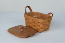 Load image into Gallery viewer, Longaberger 1991 Handwoven Basket with Wood Lid Handles and Glass Dish