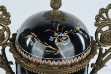 Load image into Gallery viewer, Pair Antique Black Porcelain Bronze Mounted Covered Urns Hand Painted Floral 24 Inch