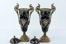 Load image into Gallery viewer, Pair Antique Black Porcelain Bronze Mounted Covered Urns Hand Painted Floral 24 Inch