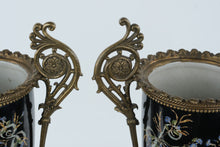 Load image into Gallery viewer, Pair Antique Black Porcelain Bronze Mounted Covered Urns Hand Painted Floral 24 Inch
