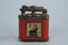 Load image into Gallery viewer, Girey Lift Arm Petrol Lighter, Red Enamel with Seated Figure & Lamp Motif