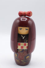 Load image into Gallery viewer, Vintage Japanese Kokeshi Doll Red Bow Checkered Obi Floral Kimono Signed 5 Inch