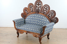 Load image into Gallery viewer, Peacock Back Hand Carved Wood Settee Sofa with Floral Crest - Online Only