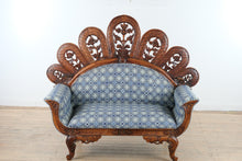 Load image into Gallery viewer, Peacock Back Hand Carved Wood Settee Sofa with Floral Crest - Online Only