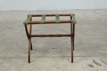 Load image into Gallery viewer, Vintage Wood Folding Luggage Rack Green Woven Straps Inlay 22 Inch