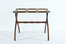 Load image into Gallery viewer, Vintage Wooden Folding Luggage Rack Green Straps Inlay Wood 22 Inch