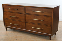 Load image into Gallery viewer, Mid Century Modern Walnut 7 Drawer Dresser Brass Hardware 64 Inch