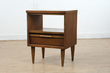 Load image into Gallery viewer, Mid Century Modern Walnut Nightstand by Bassett Gala Collection Single Drawer Open Shelf