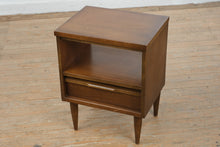 Load image into Gallery viewer, Mid Century Modern Walnut Nightstand by Bassett Gala Collection Single Drawer Open Shelf