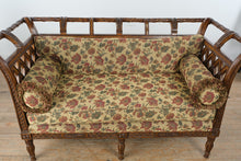 Load image into Gallery viewer, Maitland Smith Carved Wood Settee Sofa with Lattice Sides and Floral Upholstery