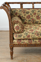 Load image into Gallery viewer, Maitland Smith Carved Wood Settee Sofa with Lattice Sides and Floral Upholstery