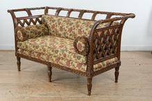 Load image into Gallery viewer, Maitland Smith Carved Wood Settee Sofa with Lattice Sides and Floral Upholstery