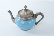 Load image into Gallery viewer, Antique Manning Bowman Blue Graniteware Enamel Teapot Pewter Trim 1880s