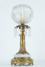 Load image into Gallery viewer, Hollywood Regency Mantel Lamp with Cut Glass Globe, Crystal Prisms & Marble Base