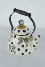 Load image into Gallery viewer, MacKenzie-Childs “Pretty as a Bow” 2-Quart Tea Kettle – Black & White Polka Dot Enamel with Ribbon Bow Design
