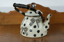 Load image into Gallery viewer, MacKenzie-Childs “Pretty as a Bow” 2-Quart Tea Kettle – Black & White Polka Dot Enamel with Ribbon Bow Design