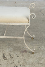 Load image into Gallery viewer, Cream Wrought Iron Scroll Vanity Bench Upholstered Seat Brass Feet