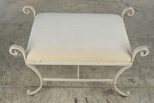 Load image into Gallery viewer, Cream Wrought Iron Scroll Vanity Bench Upholstered Seat Brass Feet
