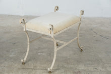 Load image into Gallery viewer, Cream Wrought Iron Scroll Vanity Bench Upholstered Seat Brass Feet