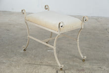 Load image into Gallery viewer, Cream Wrought Iron Scroll Vanity Bench Upholstered Seat Brass Feet
