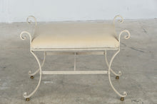 Load image into Gallery viewer, Cream Wrought Iron Scroll Vanity Bench Upholstered Seat Brass Feet