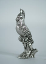 Load image into Gallery viewer, Pewter Cockatoo Bird Figurine – Miniature Metal Sculpture on Perched Stump (3.25")