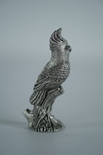 Load image into Gallery viewer, Pewter Cockatoo Bird Figurine – Miniature Metal Sculpture on Perched Stump (3.25")