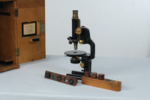 Load image into Gallery viewer, Antique R Winkel Gottingen German Brass Microscope No 19332 with Wood Case