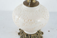 Load image into Gallery viewer, Vintage Milk Glass Table Lamp Embossed Bird Floral Brass Base 19 Inch