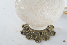 Load image into Gallery viewer, Vintage Milk Glass Table Lamp Embossed Bird Floral Brass Base 19 Inch