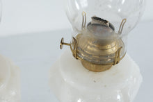 Load image into Gallery viewer, Vintage Milk Glass Oil Lamps Pair Brass Burners Clear Chimneys 19 Inch