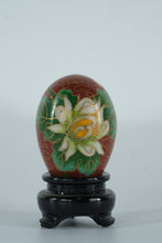 Load image into Gallery viewer, Miniature Cloisonné Egg with White & Gold Lotus Flower – Hand-Enameled Floral Art on Stand