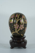 Load image into Gallery viewer, Miniature Cloisonné Egg with Pink Plum Blossom Design – Black Enamel Floral Art on Stand