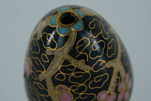 Load image into Gallery viewer, Miniature Cloisonné Egg with Pink Plum Blossom Design – Black Enamel Floral Art on Stand
