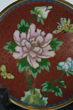 Load image into Gallery viewer, Cloisonné Plate with Pink Peony & Butterflies – Hand-Enameled Floral Art on Red Ground