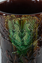 Load image into Gallery viewer, Victorian Majolica Umbrella Stand or Jardinière with Grotesque Mask – Large Glazed Ceramic Vessel